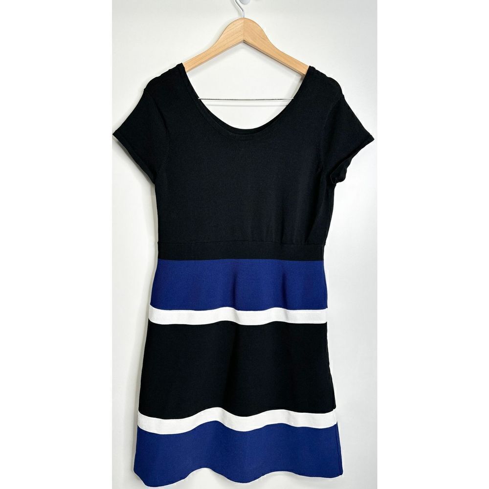 Ann‎ Klein Midi Dress Womens Medium Colorblock A-line Black/Blue Short Sleeve